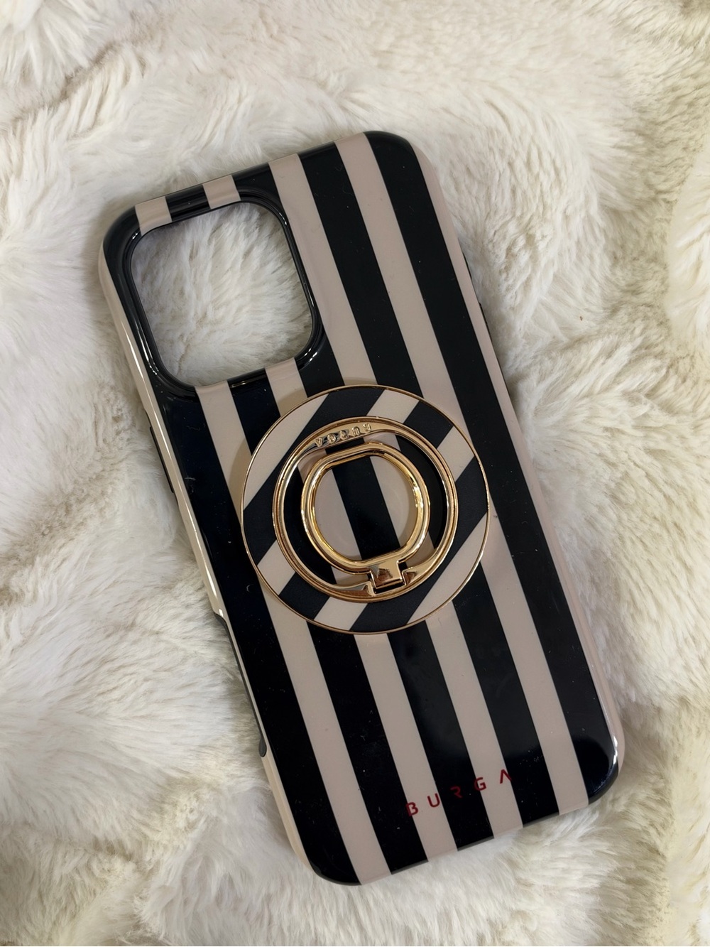 Striped Black and Cream Phone Case with Gold Ring Holder for iPhone 16 Pro Max